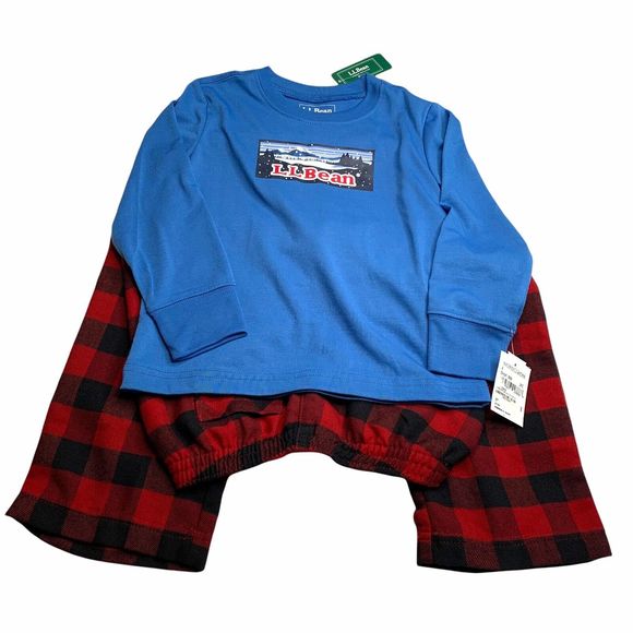 LL Bean Kids Pajamas Set Size 4 Graphic Printed top Plaid Flannel Pants NWT - Picture 3 of 11